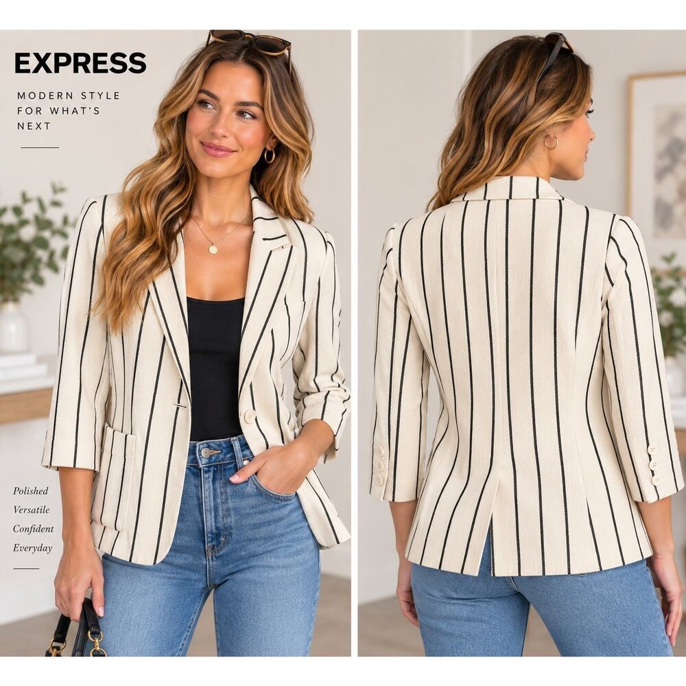 Express Striped Blazer Large Ivory Black 3/4 Sleeve Cotton Jacket